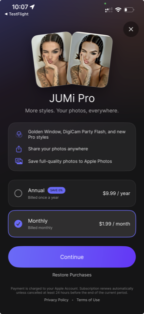 JUMi Pro subscription screen showing monthly and annual options